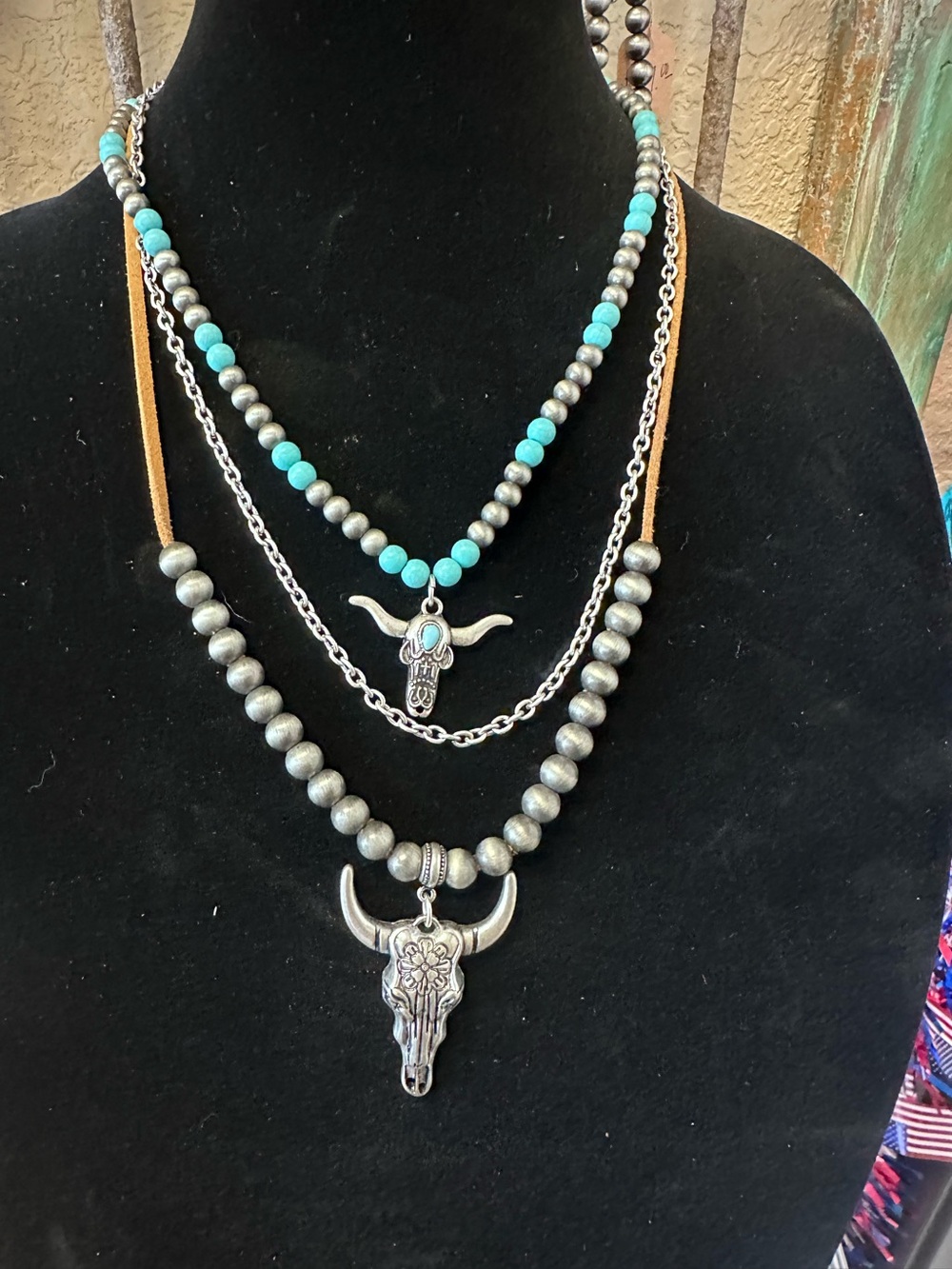 Turquoise & Silver Western Multi-Layer Necklace with Bull Skull Pendant